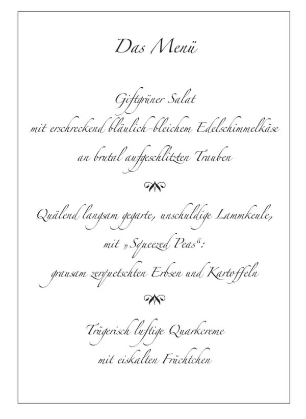 Ein Menüvorschlag für das Krimidinner für zuhause Der Fluch der Grünen Dame. Die Rezepte dafür sind im Partyplaner enthalten.