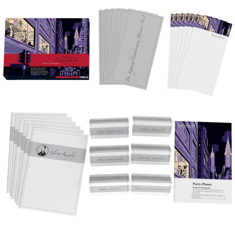 Die einzelnen Unterlagen, die in dem Krimidinner für Zuhause Mord in Manhattan enthalten sind auf weißem Hintergrund: Rollenhefte, Einladungen, geheime Hinweise, Platzkarten, der Partyplaner plus Audio-Dateien als Download-Link.